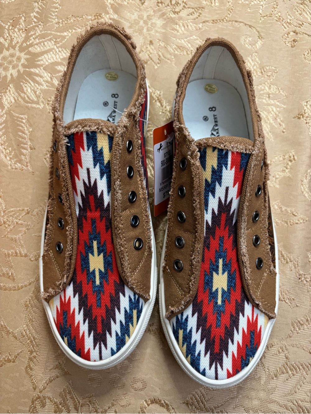 Montana West Brown Canvas Slip-On Flats with Southwestern Multicolor Pattern
